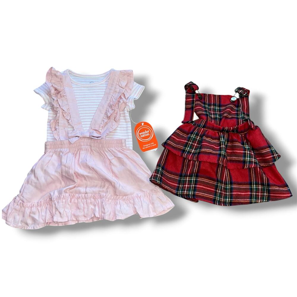 Baby Girl Outfit Lot | Pink Pinafore & Red Plaid Dress | Size 12M / 6-12M